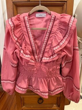 Pink Ruffle-Trim Smocked Waist Blouse